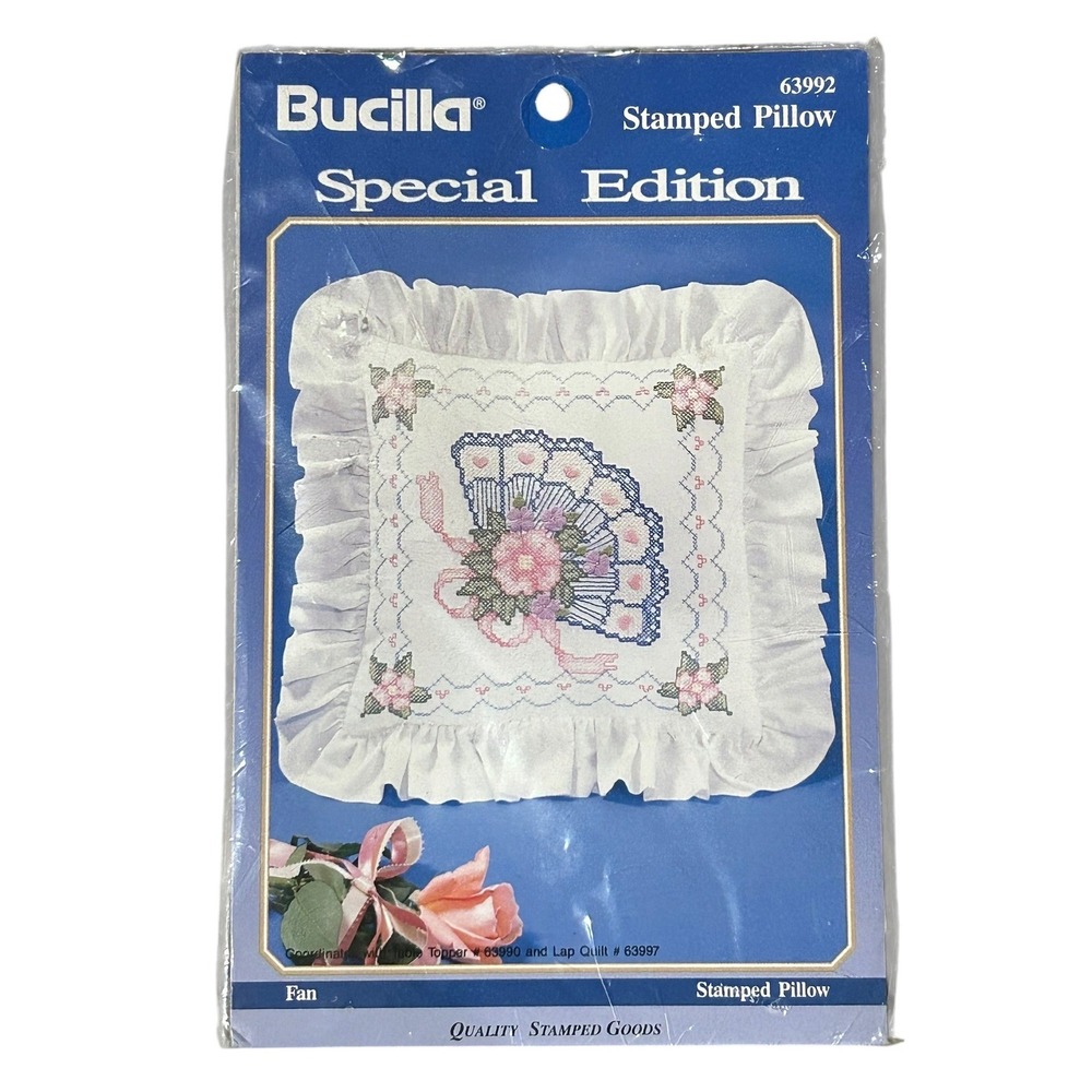 Bucilla Vintage 1993 Stamped Pillow Kit 63992 Victorian Fan Floral Needlepoint
